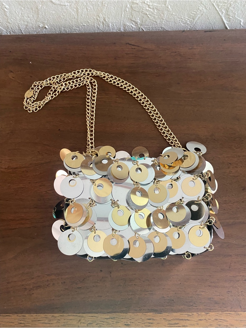 Gold Sequin Disc Crossbody with Chain Strap by Paco Rabane for H&M